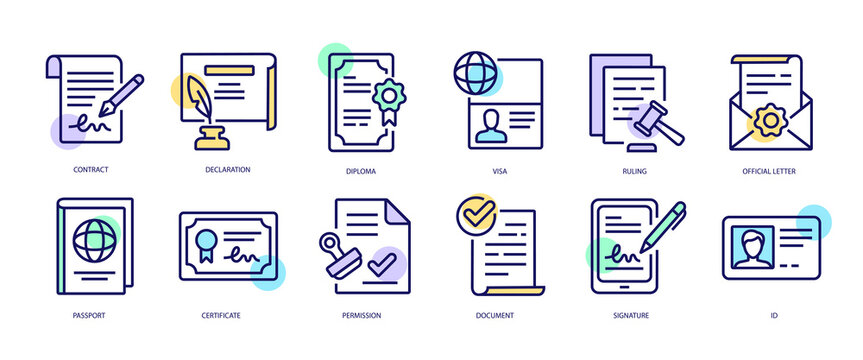 Set of linear icons with Legal Document concept in purple, yellow on blue colors. Icons with all kinds of legal documents.