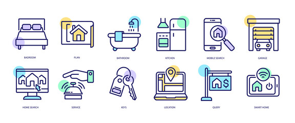 Set of linear icons with Real estate concept in purple, yellow on blue colors. Parts of apartments and houses that are of interest to customers.