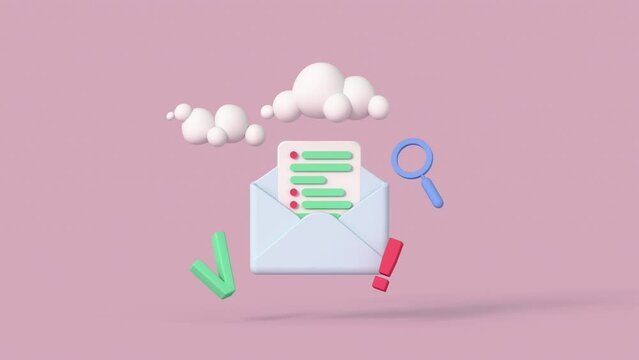 Email notification with check mark and magnifying glass. Minimal cartoon style 3D render animation