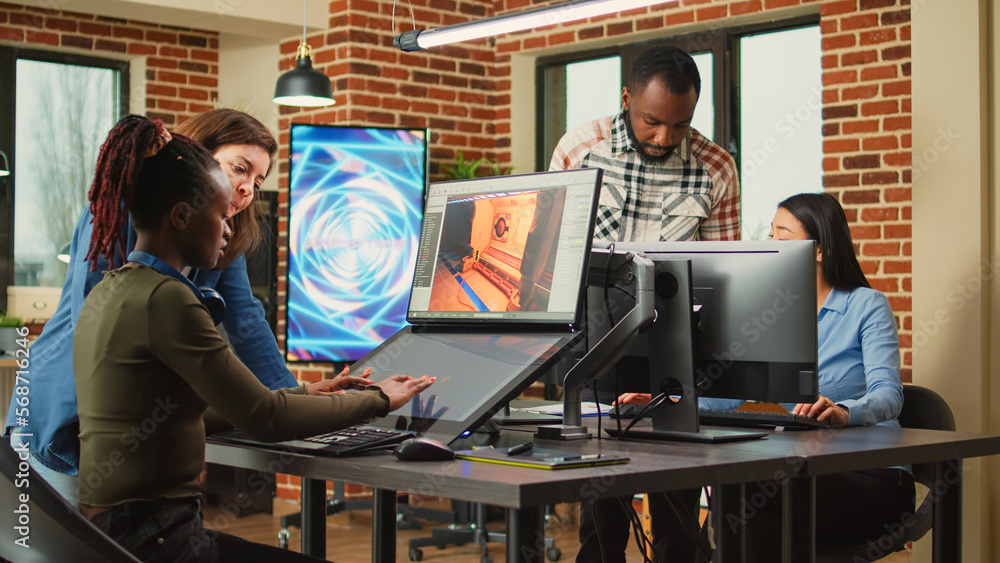 Poster multiethnic coworkers analyzing graphic developing technology and new production interface in agency