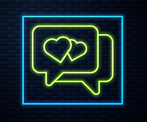 Glowing neon line Heart in speech bubble icon isolated on brick wall background. Happy Valentines day. Vector