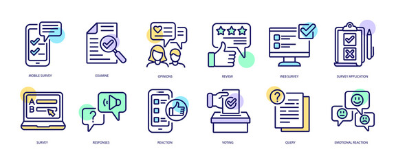 Set of linear icons with Survey concept in purple, yellow on blue colors. Icons present different types of online and paper survey. - obrazy, fototapety, plakaty