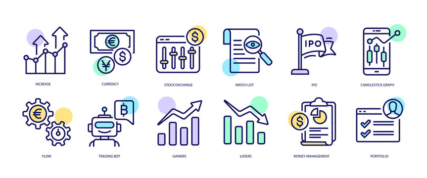 Set of linear icons with Stock Quotes concept in purple, yellow on blue colors. Image of the components of the stock exchange quotation.