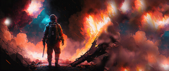 Fire in the fireplace, a brave firefighter in front of an explosion, generative ai horizontal backdrop with copy space 