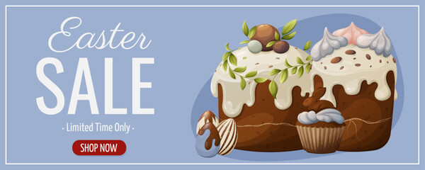 Easter sale. Festive traditional cakes, eggs, pastries decorated with icing and chocolate. Vector illustration for the spring holiday. Blue horizontal banner, flyer, poster