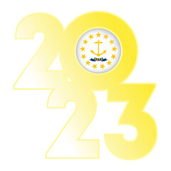 2023 banner with Rhode Island state flag inside. Vector illustration.