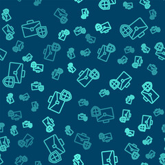 Green line Briefcase with shield icon isolated seamless pattern on blue background. Insurance concept. Security, safety, protection, protect concept. Vector