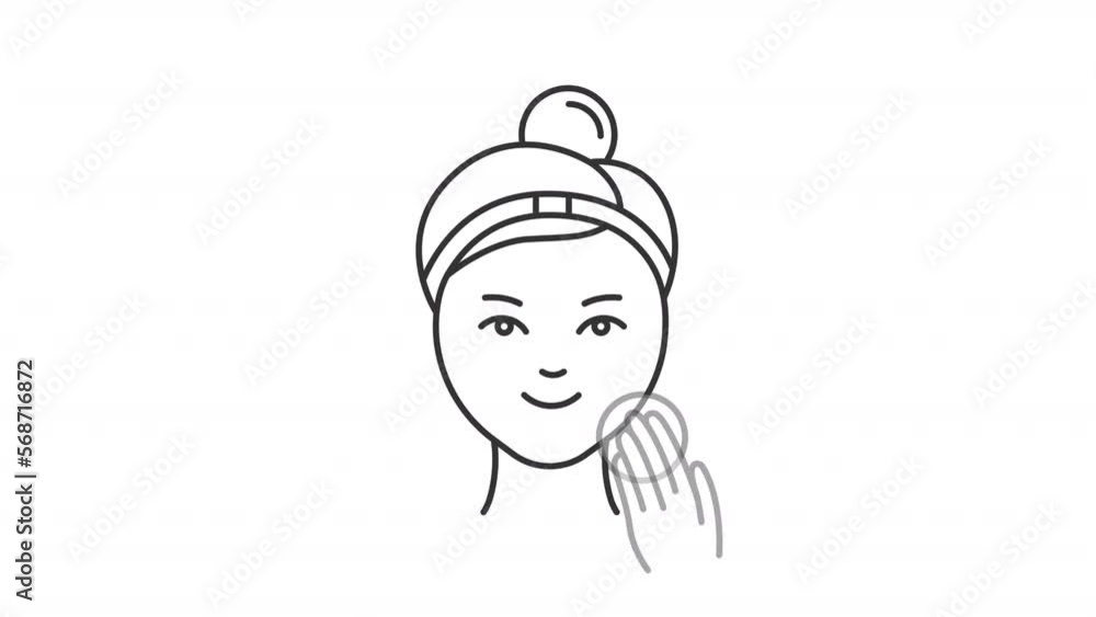Poster animated toner usage linear icon. beauty routine. cleansing product for face. skin care. seamless lo