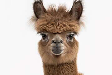 solitary fawn-colored alpacas (lama pacos) against a white background Generative AI