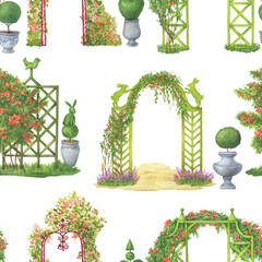 Seamless pattern with green wooden garden arch trellis and panel, overgrown with climbing rose flowers. Hand drawn watercolor painting illustration isolated on white background - 568717012