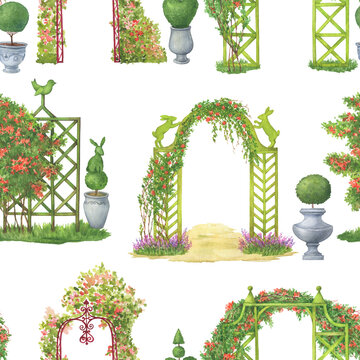 Seamless pattern with green wooden garden arch trellis and panel, overgrown with climbing rose flowers. Hand drawn watercolor painting illustration isolated on white background