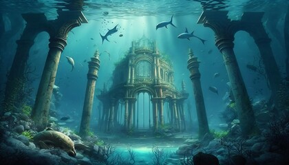 atlantis underwater scene, magic blue ocean with ancient temple ruins, deep blue sea with mysterious lights, generative ai - obrazy, fototapety, plakaty