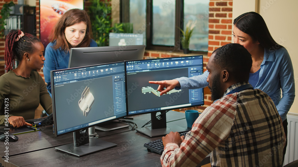 Aufkleber creative 3d engineers designing mechanical clamp on manufacturing cad software, using 3d render inte