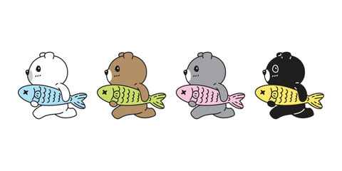 Bear vector polar icon catch fish running character cartoon logo teddy symbol doodle animal illustration isolated design