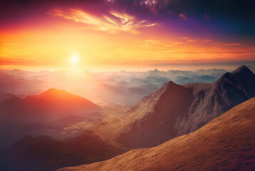 Fototapeta premium Mountains landscape at sunset, generative ai