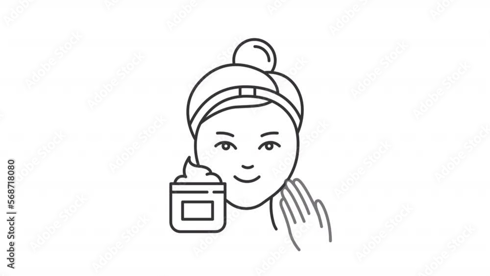 Poster animated face cream linear icon. applying to face. skincare routine. beauty procedure. seamless loop
