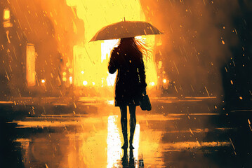 Young woman standing on rain with umbrella. Generative AI graphic