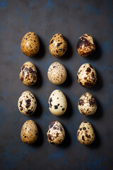 Obraz premium Quail eggs on a black table.