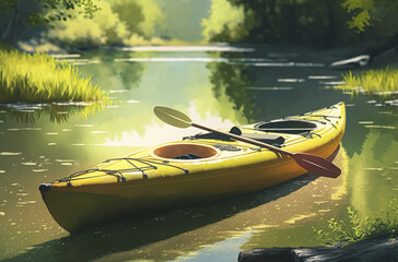 A picture of a yellow kayak in a river on a sunny day - obrazy, fototapety, plakaty