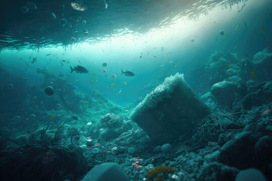 3d illustration of a plastic waste and pollution floating under water