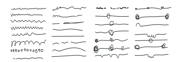 Set of artistic pen brushes.Doodles, ink brushes.Set of vector grunge brushes. Collection of strokes of markers. Set of wavy horizontal lines