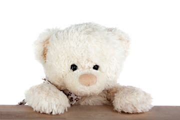 Teddy Bear sitting at the wooden desk isolated on white background
