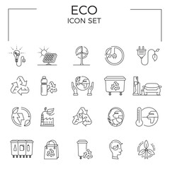 Eco icon set of Eco Related Vector Line Icons. Contains such Icons as Electric Car, Global Warming, Recycling, Solar and more.