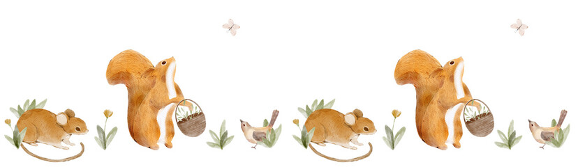Seamless border with watercolour cute animals and floral. Watercolour mouse, squirrel and bird.  - 568719091