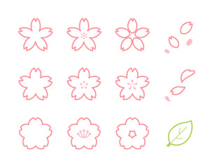 色々な形の桜の花のイラストアイコンセット（線画）