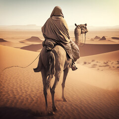 Middle eastern man riding a camel in the desert. Generative AI.