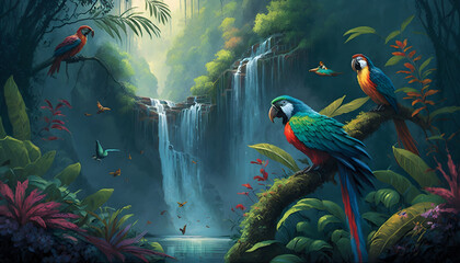 Vibrant Tropical Rainforest with a Majestic Waterfall