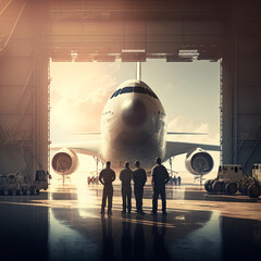 Aeronautical engineers in a hangar and a jetliner. Generative AI.	
 - obrazy, fototapety, plakaty