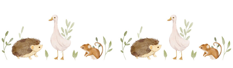 Seamless border with watercolour cute animals and floral. Watercolour mouse, goose, hedgehog. - 568719814