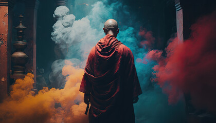 Buddhist monk in red cape in front of brightly colored smoke. space for text - obrazy, fototapety, plakaty