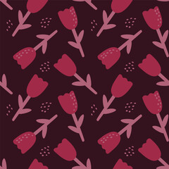 Seamless pattern with abstract flowers, shapes and dots on a dark background in a love theme. Monochrome color. Vector illustration in the style of minimalism.