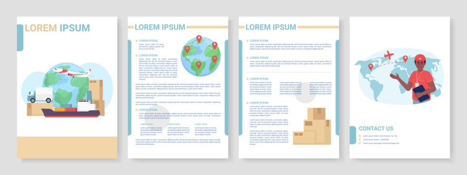 Freight shipping modes flat vector brochure template. Worldwide delivery booklet, leaflet printable color designs. Editable magazine page, reports kit with text space. Roboto, Myriad Pro fonts used