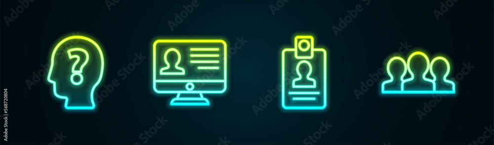 Poster set line head with question mark, monitor resume, identification badge and users group. glowing neon