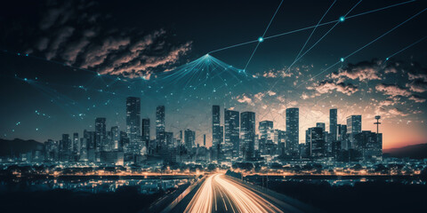 Smart cities concept, utilizing technology to create a more efficient and connected environment. Using AI, IoT and Big Data to increase efficiency and reduce environmental impact. generative ai.	
