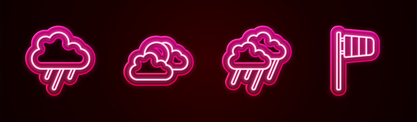 Set line Cloud with rain, Sun and cloud weather, and Cone windsock wind vane. Glowing neon icon. Vector