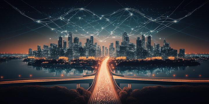 Smart cities concept, utilizing technology to create a more efficient and connected environment. Using AI, IoT and Big Data to increase efficiency and reduce environmental impact. generative ai.	
