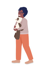 Little male kid with fluffy bear toy semi flat color vector character. Editable figure. Full body person on white. Simple cartoon style illustration for web graphic design and animation