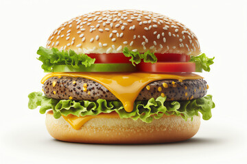 Big burger with sesame illustration. Tasty burger with meat cheese and salad. Generative AI