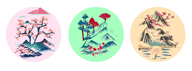 Japanese traditional landscape with mountains and cherry blossoms in a circle. Vector illustration.