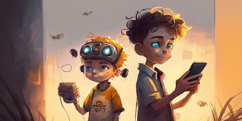 A clever young boy looks on with a calm expression, taking advantage of the ease of use provided by technology. He is surrounded by various gadgets that enable him to explore and learn. generative ai.
