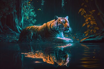 Neon tiger in the jungle. Generative Ai.