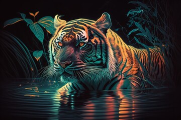Neon tiger in the jungle. Generative Ai.