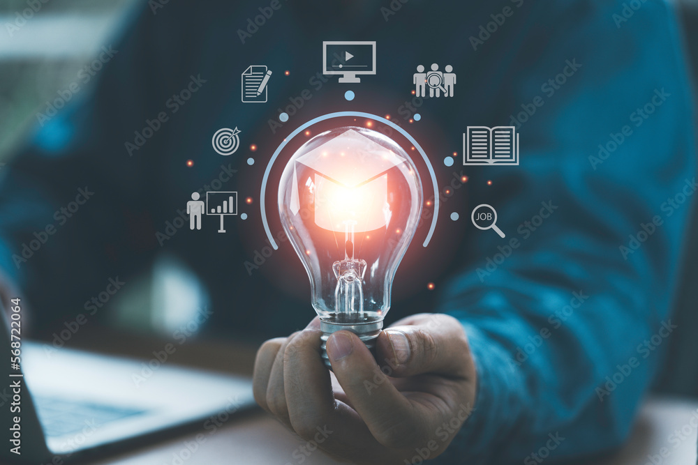 Poster businessman hand holding lightbulb with connection line and knowledge icon to creative smart thinkin