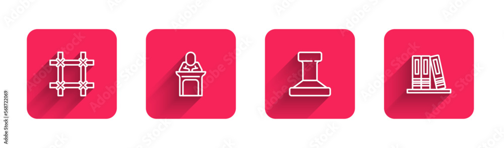 Aufkleber set line prison window, judge, stamp and office folders with long shadow. red square button. vector