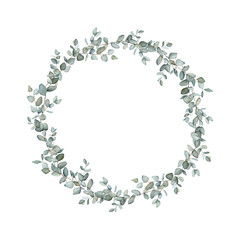 Watercolor banner with green eucalyptus leaves branches.Watercolor eucalyptus in bouquet for wedding. Decorative element for greeting card. Illustration