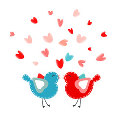 Loving cute birds and pink, red, blue hearts